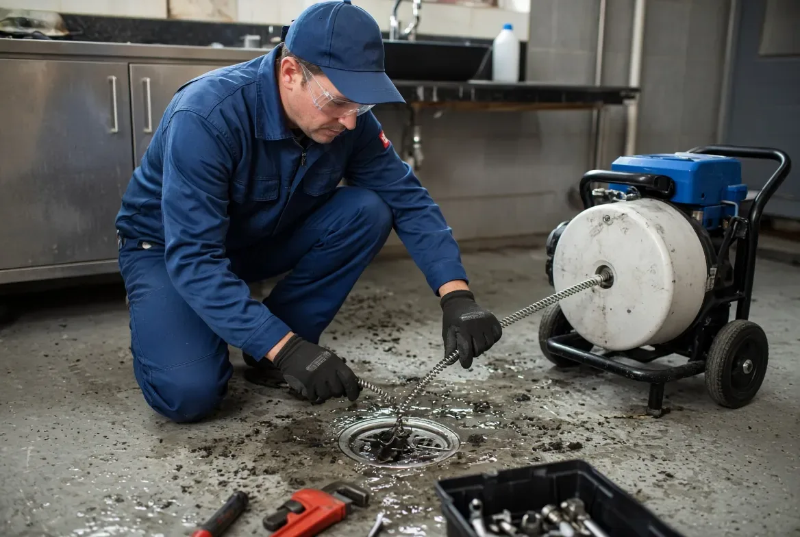 Technician kneeling beside a commercial kitchen floor drain, feeding a cable from a drum machine into the opening