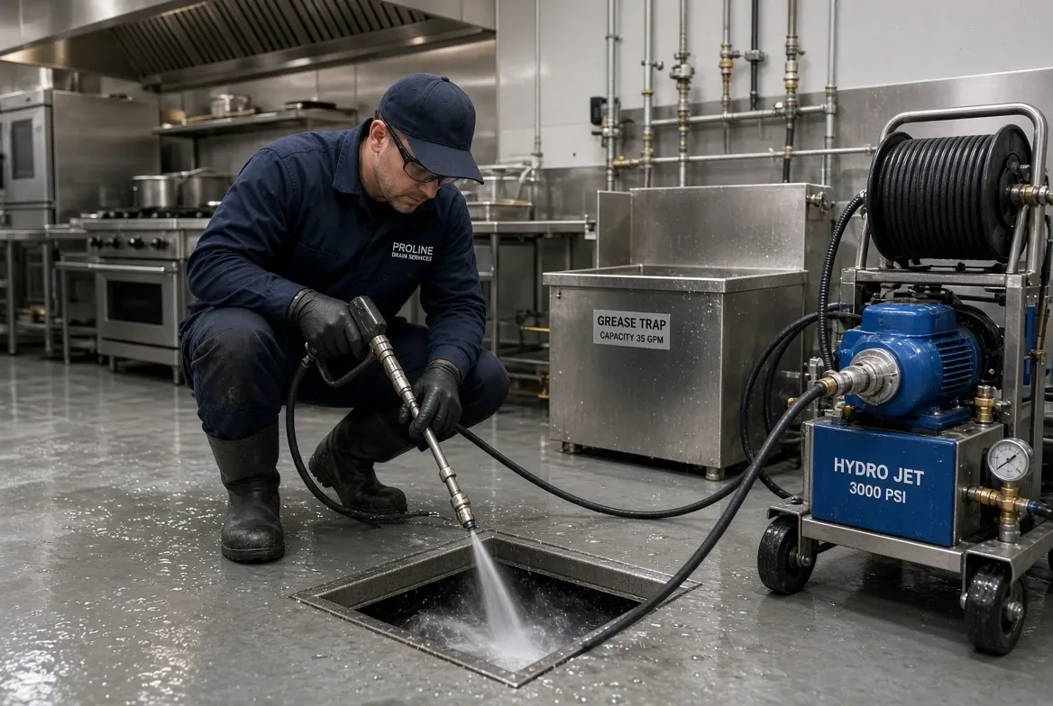 Technician jetting a floor drain in a commercial kitchen beside a grease trap, using a wheeled 3000 PSI hydro jet unit