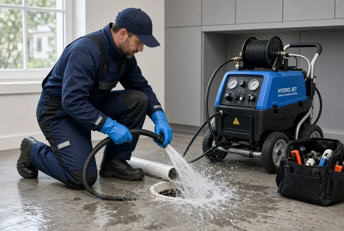 Technician jetting water through a short section of drain pipe into a floor opening, with a wheeled hydro jet unit and tool bag alongside