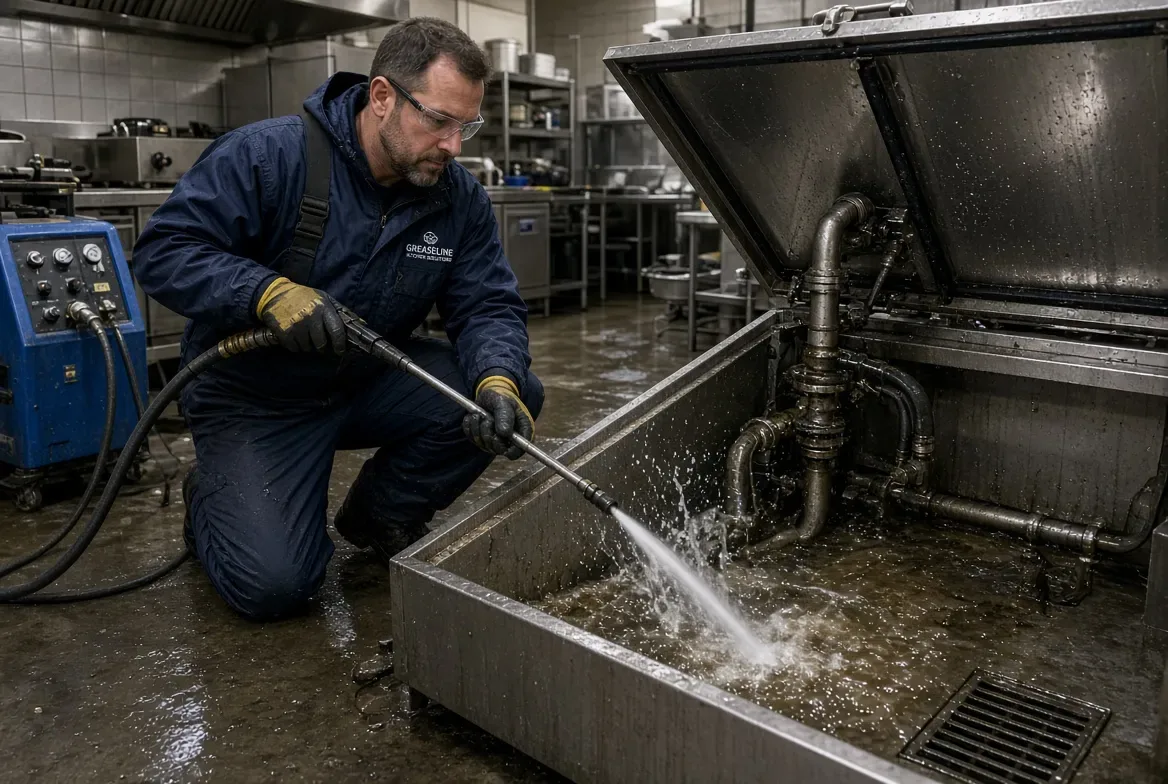 Technician jetting out an opened stainless steel grease interceptor in a commercial kitchen
