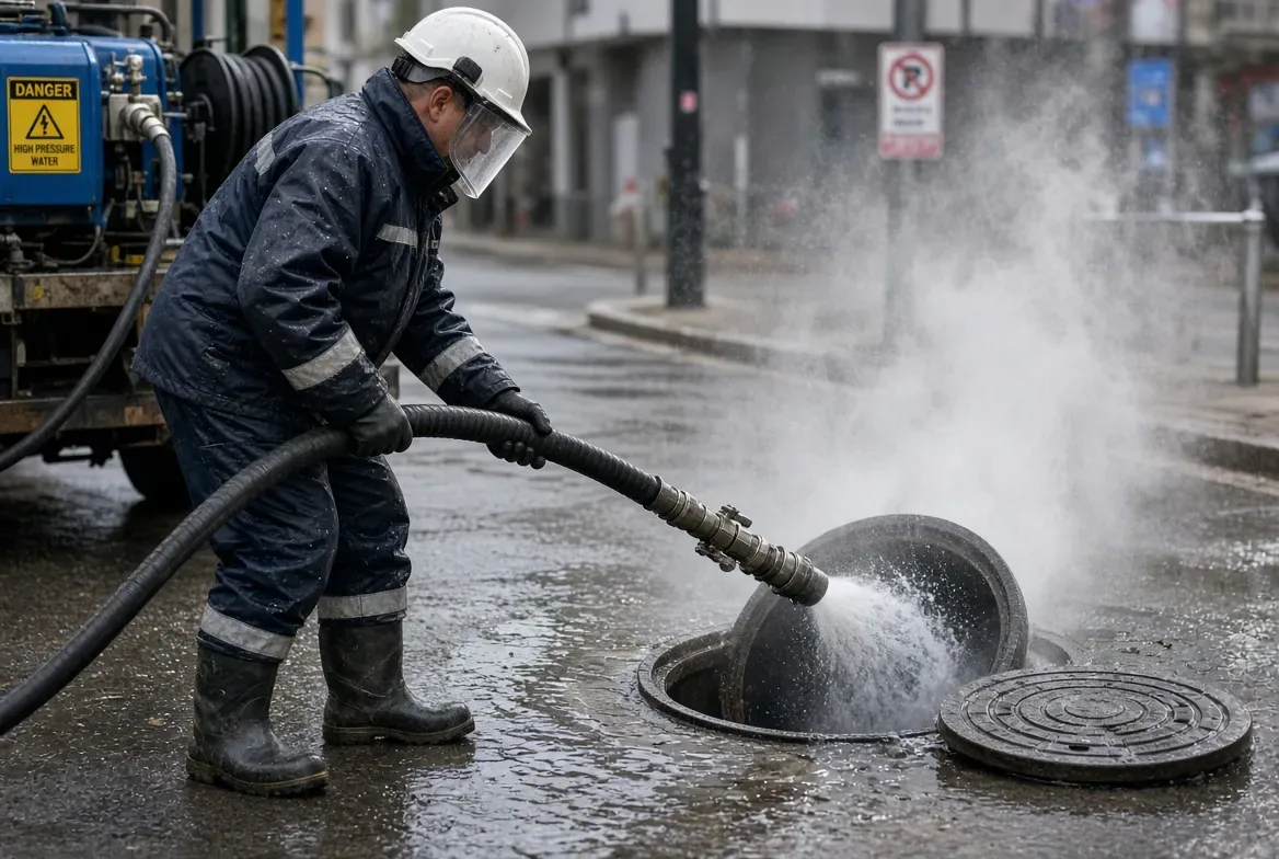 Drain technician in waterproofs and a face shield feeding a high-pressure jetting hose into an open street manhole, with a hydro jetting unit behind him marked danger high pressure water