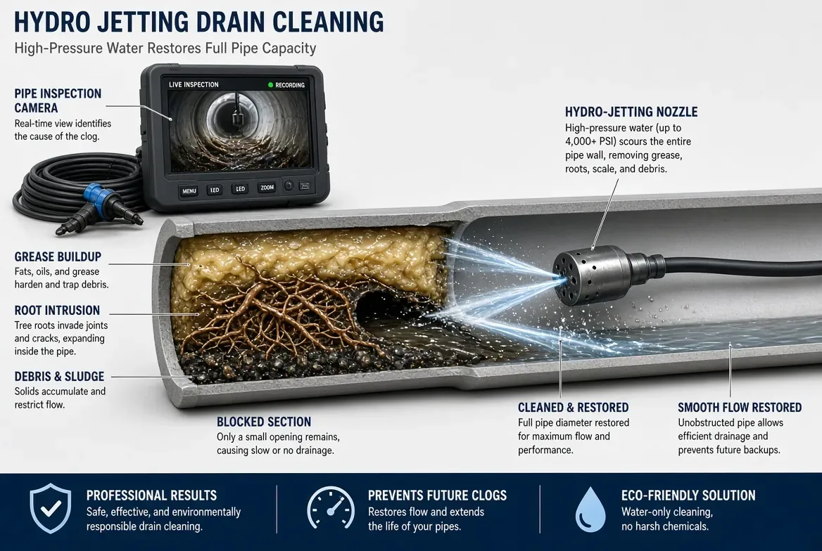 Cut-away diagram of a drain pipe showing grease buildup, root intrusion and sludge restricting one end, a hydro jetting nozzle spraying high-pressure water, and the cleaned full-diameter pipe beyond it