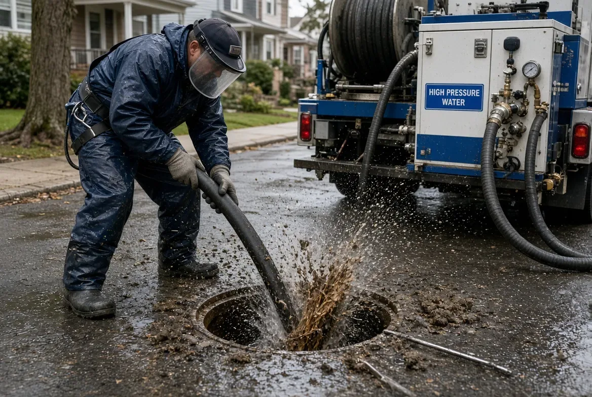 Technician jetting a residential main sewer line through a street access point, flushing roots and debris out of the opening