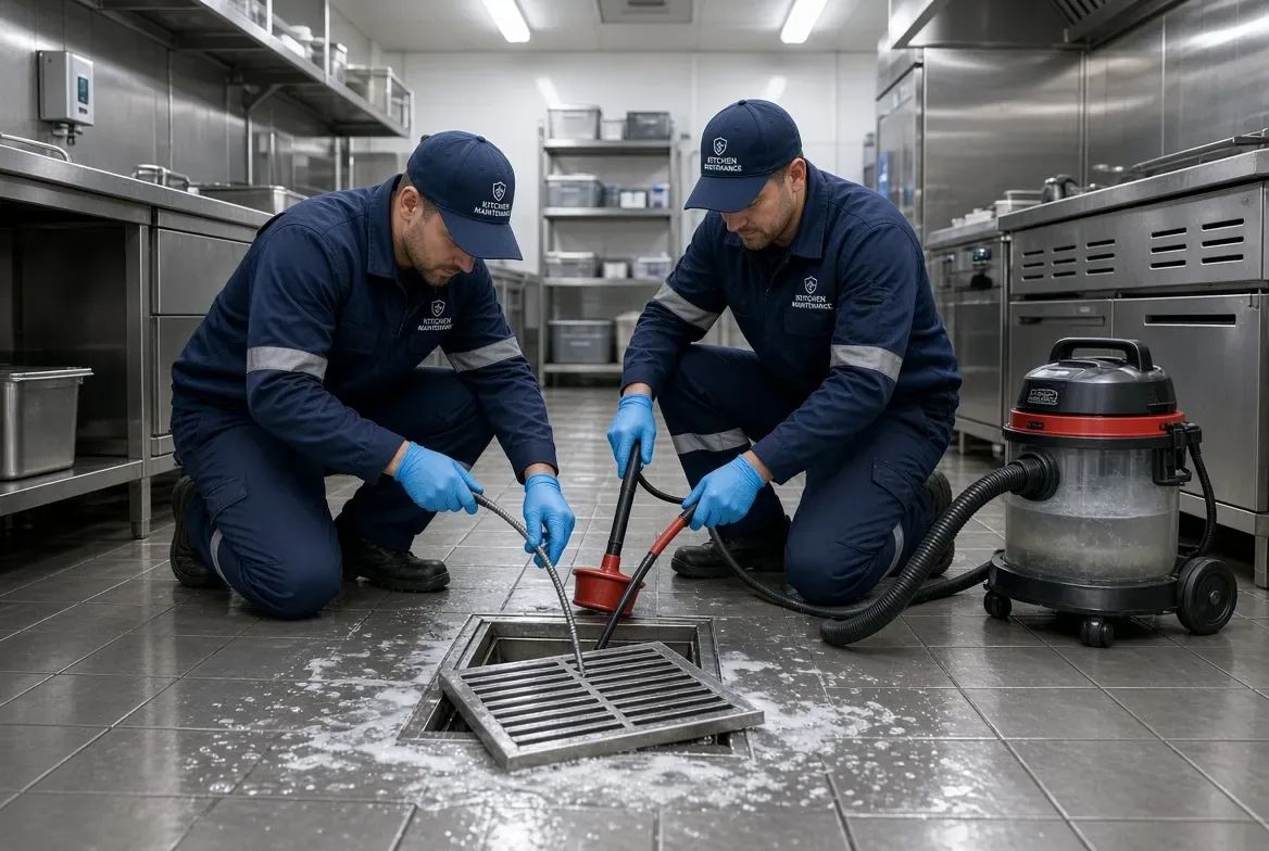 Two technicians servicing a floor drain in a stainless steel restaurant kitchen, with a wet vacuum alongside