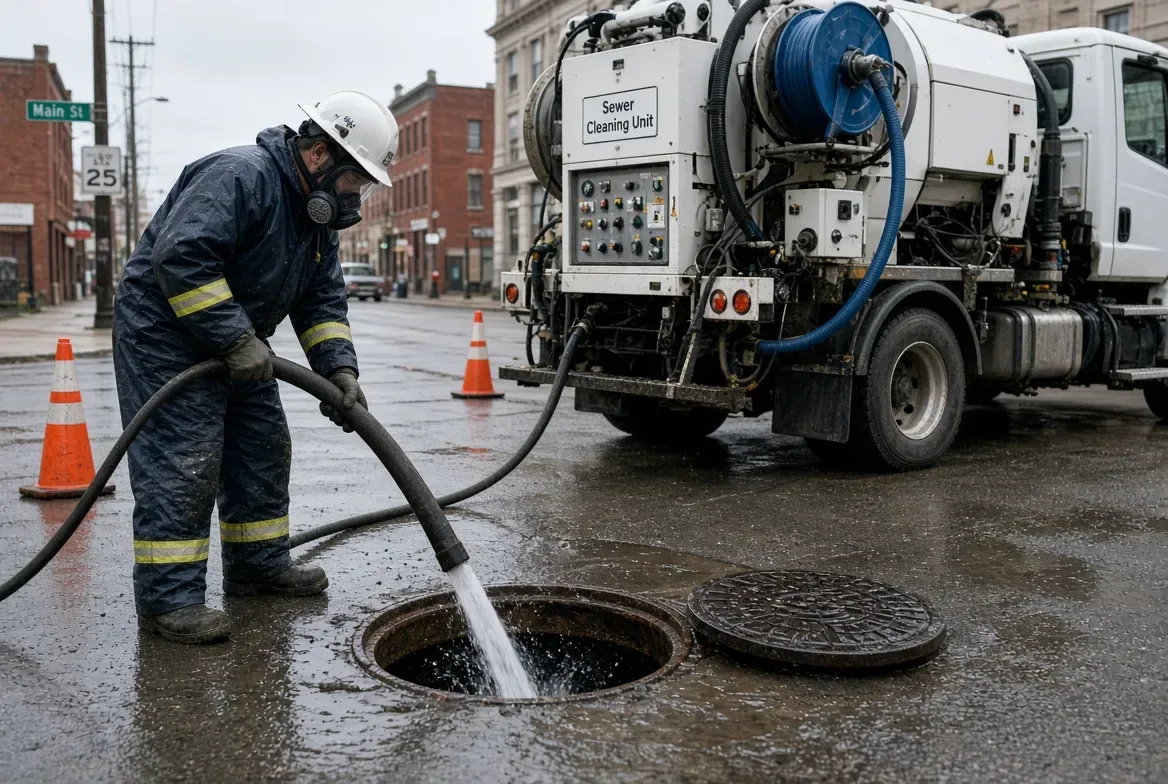 Sewer cleaning truck parked on a city street while a technician in full protective gear jets water into an open manhole