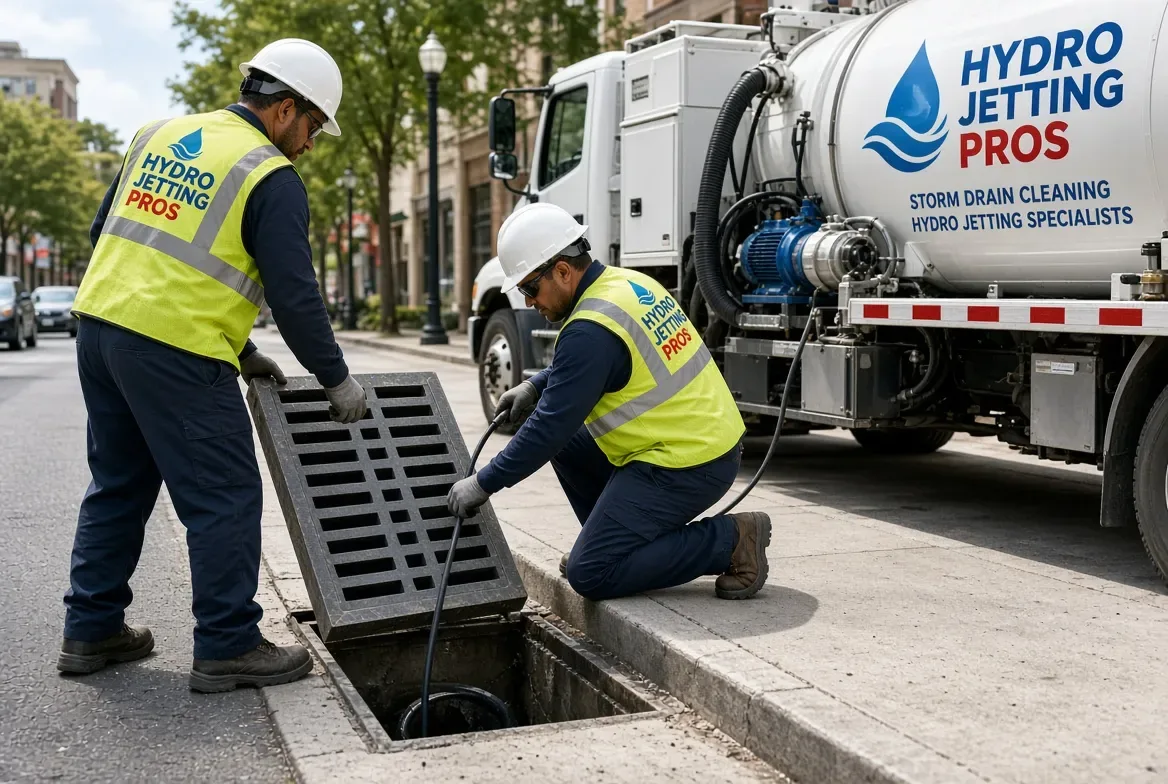 Two Hydro Jetting Pros technicians lifting a kerbside storm drain grate and feeding a jetting hose in, with the company's storm drain cleaning truck parked behind